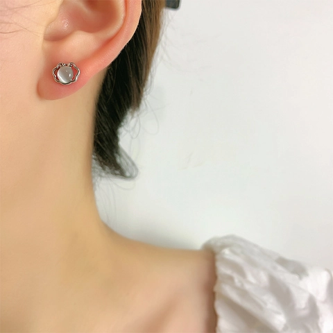 Vintage Ruyi Longevity Lock Stud Earrings With Cat Eye Stone Alloy Copper Jewelry And Silver Earring Post For Women