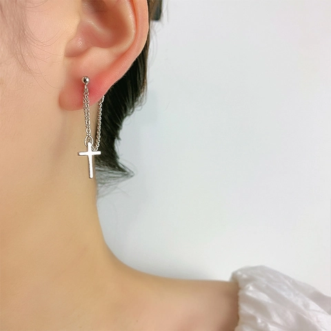 Zilveren Kruis Hanger Ketting Oorbellen Minimalistische Punk Stijl Sieraden Voor Dames Met 925 Sterling Zilveren Oorknopje