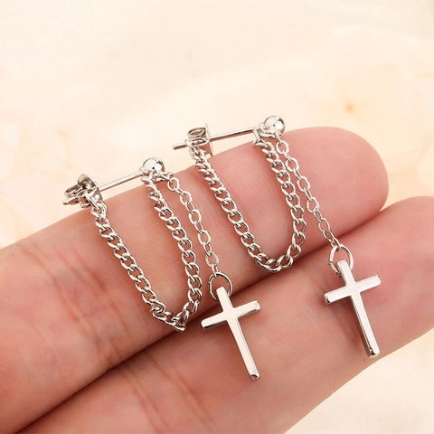 Zilveren Kruis Hanger Ketting Oorbellen Minimalistische Punk Stijl Sieraden Voor Dames Met 925 Sterling Zilveren Oorknopje