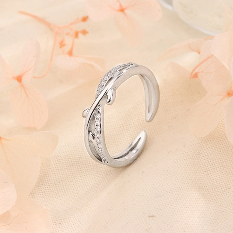 Elegant Olive Branch Adjustable Ring Copper With Sparkling Zircon Inlay Twisted Vine Leaf Jewelry For Women