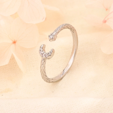 Stern Mond Offener Ring Kupfer Zirkonia Eingelegt Strukturiertes Band Minimalistischer Verstellbarer Schmuck Für Damen Elegant
