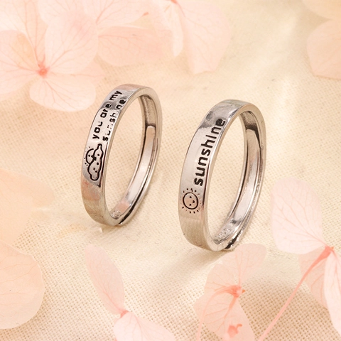 You Are My Sunshine Engraved Open Adjustable Copper Rings For Couples Sun Cloud Pattern Korean Style Minimalist Jewelry