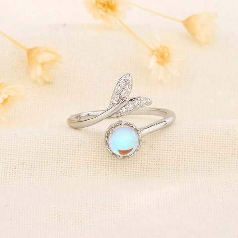 Mermaid Fish Tail Open Ring Copper Silver Plated With Moonstone And Zircon Adjustable Fashion Jewelry For Women