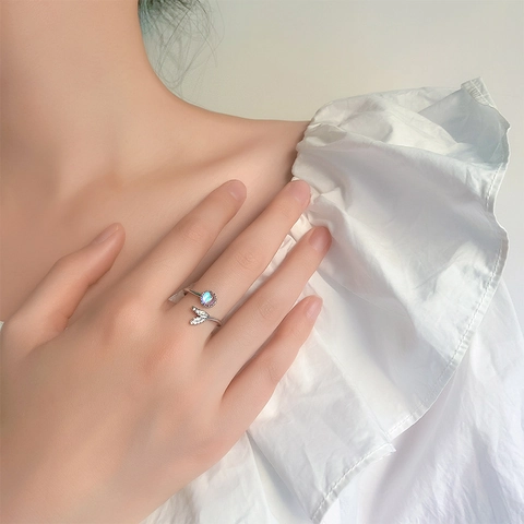 Mermaid Fish Tail Open Ring Copper Silver Plated With Moonstone And Zircon Adjustable Fashion Jewelry For Women