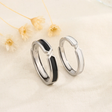 Minimalist Matching Couple Rings Copper Adjustable Open Finger Rings Black White Enamel Romantic Jewelry Gift For Lovers