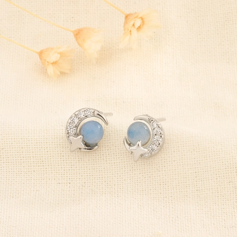 Copper Star Moon Stud Earrings With Copper Earring Post Blue Bead Zircon Celestial Minimalist Jewelry For Women