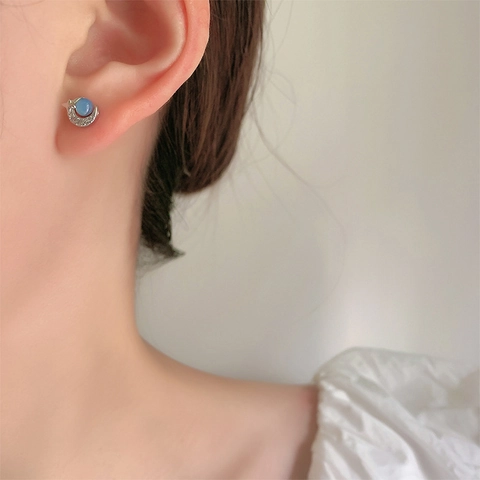 Copper Star Moon Stud Earrings With Copper Earring Post Blue Bead Zircon Celestial Minimalist Jewelry For Women