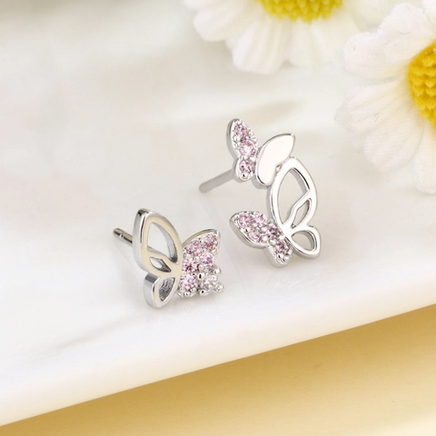 Asymmetrische Schmetterling Ohrstecker Mit 925 Sterling Silber Ohrstift Kupfer Rosa Zirkon Elegant Für Damen