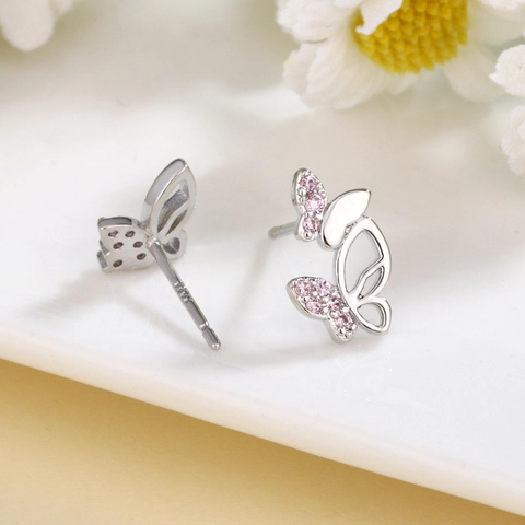 Asymmetrische Schmetterling Ohrstecker Mit 925 Sterling Silber Ohrstift Kupfer Rosa Zirkon Elegant Für Damen