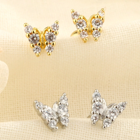 Butterfly Stud Earrings Zircon Copper With 925 Sterling Silver Earring Post Screw Back Cartilage Piercing Jewelry Women