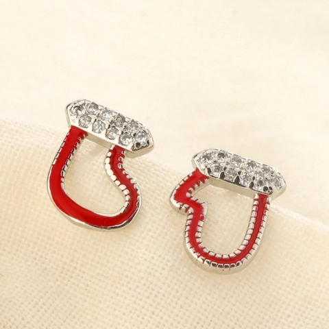 Christmas Sock Glove Stud Earrings Copper Red Enamel With Cubic Zirconia Tiny Exquisite Holiday Jewelry For Women