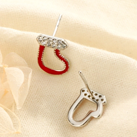Christmas Sock Glove Stud Earrings Copper Red Enamel With Cubic Zirconia Tiny Exquisite Holiday Jewelry For Women