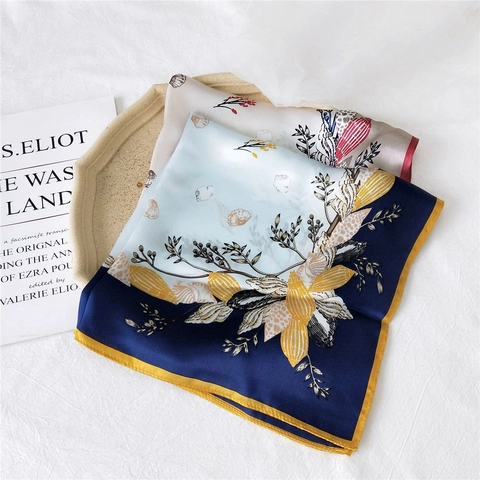 Pañuelo Cuadrado De Satén De Mora Elegante Estampado Floral De Conchas Borde De Contraste Bufanda Retro Francés Mujer