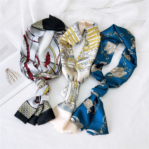 Schmaler Langer Satinnähnlicher Schal Dünne Krawatte Damen Mode Herz Nautik Kettenprint Taschengriff Band Haarband Zubehör