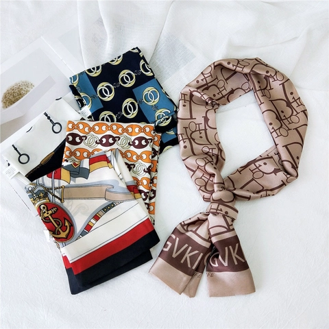 Schmaler Langer Satinnähnlicher Schal Dünne Krawatte Damen Mode Herz Nautik Kettenprint Taschengriff Band Haarband Zubehör
