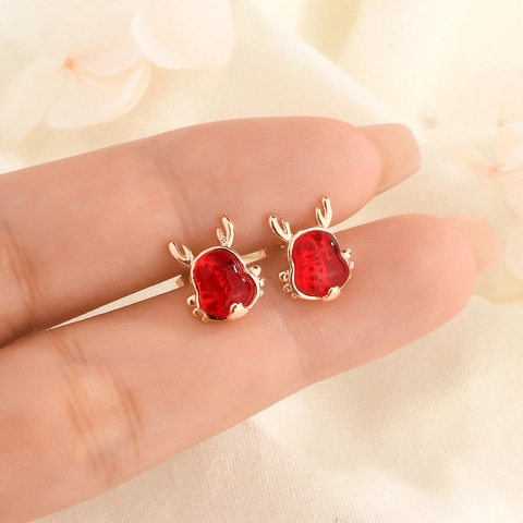 Elegant Red Dragon Stud Earrings Copper Rhinestone Zodiac Year Festive Christmas Reindeer Style For Women