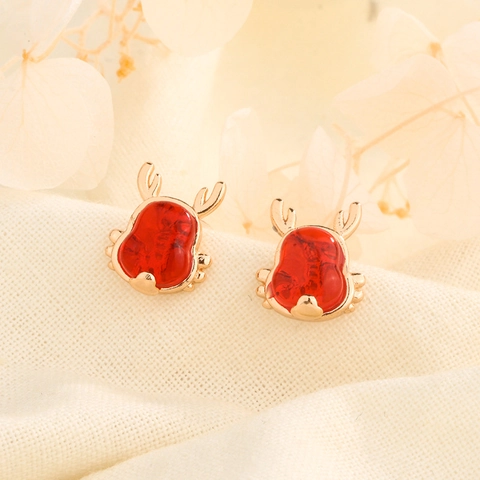 Elegant Red Dragon Stud Earrings Copper Rhinestone Zodiac Year Festive Christmas Reindeer Style For Women