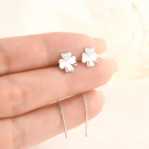 Four Leaf Clover Heart Pull Through Earrings Copper Long Chain Tassel Earrings With Paved Zirconia Elegant Women