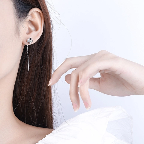 Four Leaf Clover Heart Pull Through Earrings Copper Long Chain Tassel Earrings With Paved Zirconia Elegant Women