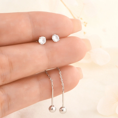 Orecchini Lunghi A Catena In Rame Con Perno In Argento Zirconi Chiusura A Vite Ciondolo A Sfera Minimalista Elegante