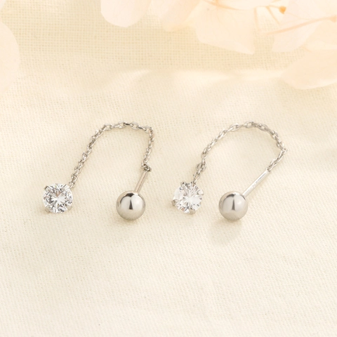Orecchini Lunghi A Catena In Rame Con Perno In Argento Zirconi Chiusura A Vite Ciondolo A Sfera Minimalista Elegante