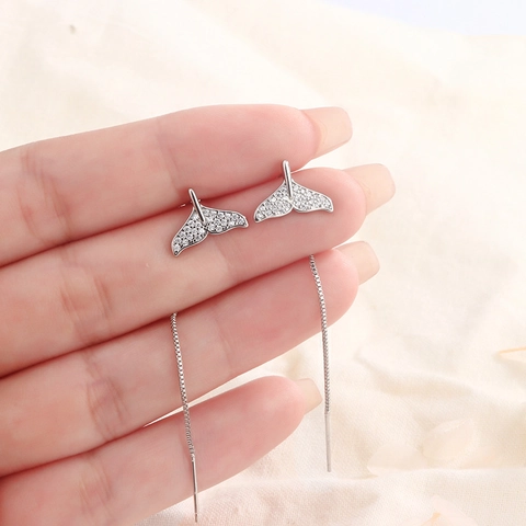 Orecchini A Filo Con Coda Di Balena In Rame Con Zirconia E Perno In Argento Sterling 925 Elegante Per Donna