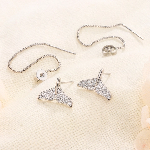 Orecchini A Filo Con Coda Di Balena In Rame Con Zirconia E Perno In Argento Sterling 925 Elegante Per Donna