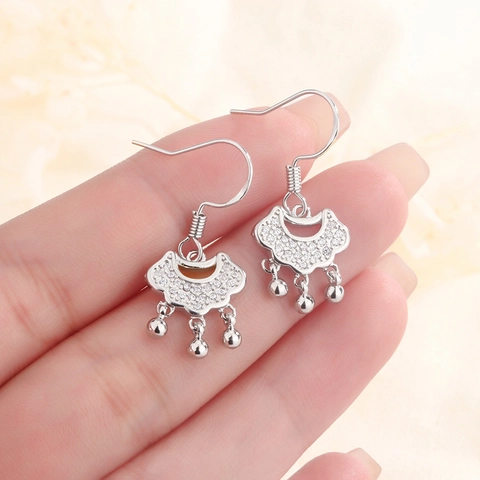 Traditionelle Chinesische Ruyi Schloss Ohrhänger Kupfer Mit Zirkonia Inlaid Silver Earring Post Ethno Stil Für Damen