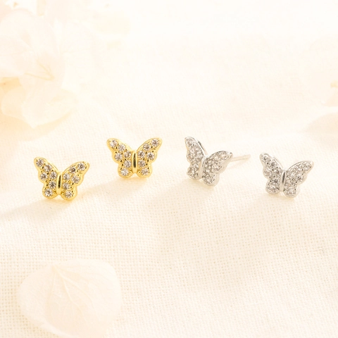 Butterfly Copper Stud Earrings With Shiny Zircon Rhinestone Pavé Small Minimalist Jewelry Daily Wear For Women