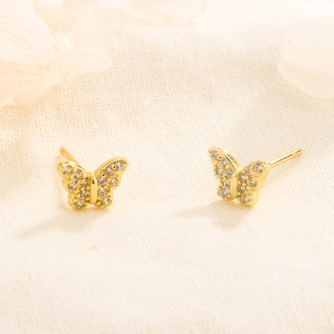 Butterfly Copper Stud Earrings With Shiny Zircon Rhinestone Pavé Small Minimalist Jewelry Daily Wear For Women