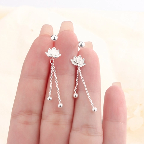 Elegant Lotus Flower Tassel Earrings For Women Dainty Copper Screw Back Ear Studs Silver Plated Versatile Jewelry