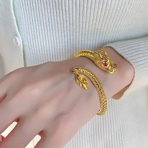 Chinese Zodiac Dragon Open Bangle Copper Gold Plated Animal Bracelet With Red Zircon Eyes And Flame Pendant Retro Ethnic Jewelry