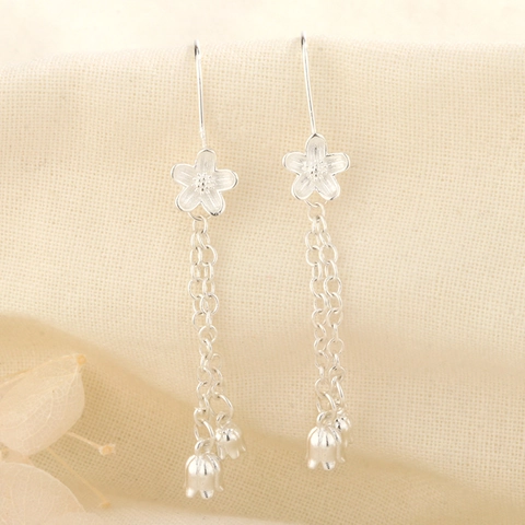 Flower Tassel Drop Earrings For Women Elegant Silver Plated Copper Long Chain Lily Of The Valley Dangle Ear Hooks