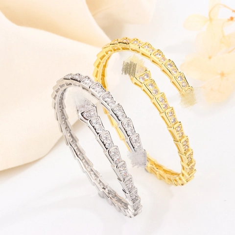 Snake Bone Bangle Bracelet Silver Plated Zirconia Full Rhinestone Open Cuff Trendy Jewelry For Women