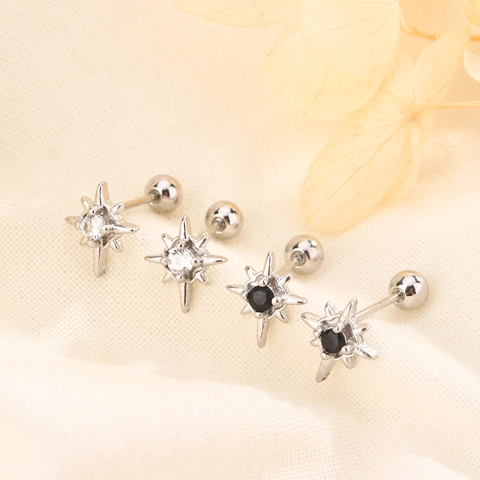 Octagram Star Stud Earrings With 925 Sterling Silver Earring Post Copper Cubic Zirconia Screw Ball Back Minimalist