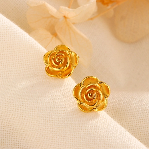 Vintage Rose Flower Stud Earrings Matte Gold Plated Brass With 925 Sterling Silver Earring Post For Women