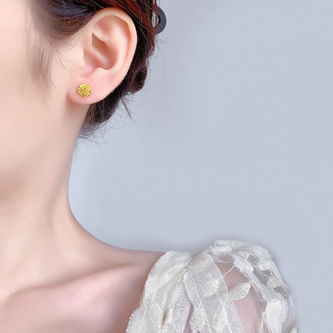 Vintage Rose Flower Stud Earrings Matte Gold Plated Brass With 925 Sterling Silver Earring Post For Women