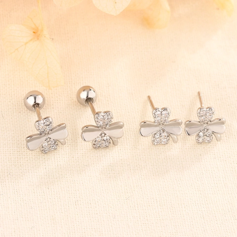 Clover Leaf Stud Earrings Copper Zirconia Minimalist Small Flower Screw Back For Women Silver Plated