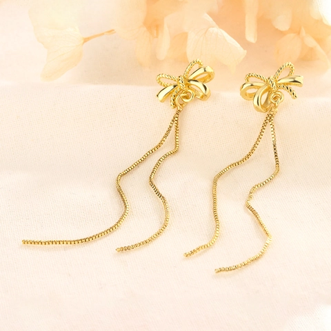 Elegant Bow Tassel Drop Earrings 14K Gold Plated Copper Long Box Chain Dangle For Women Korean Style