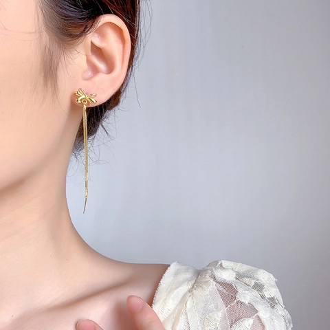 Elegant Bow Tassel Drop Earrings 14K Gold Plated Copper Long Box Chain Dangle For Women Korean Style