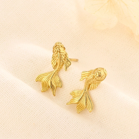 Koi Fish Stud Earrings Copper Gold Plated Carved Scale Detail Retro Chinese Style Jewelry For Women