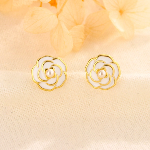 Orecchini Camelia Smalto Perla Artificial Rame Placcato Oro 925 Sterling Silver Earring Post Gioielli Vintage Francesi