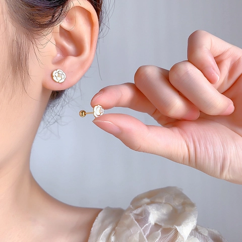 Orecchini Camelia Smalto Perla Artificial Rame Placcato Oro 925 Sterling Silver Earring Post Gioielli Vintage Francesi