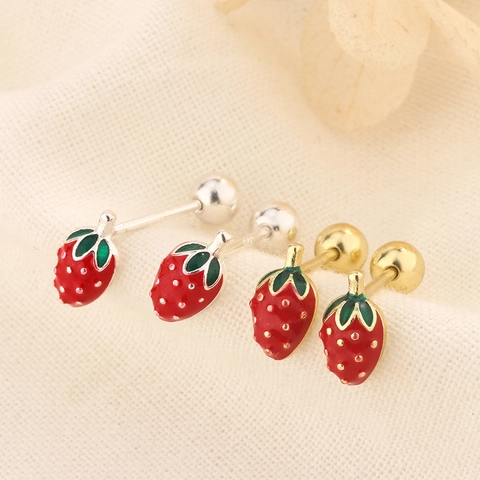 Strawberry Stud Earrings Enamel Fruit Cartilage Jewelry With 925 Sterling Silver Earring Post Screw Back Cute For Women