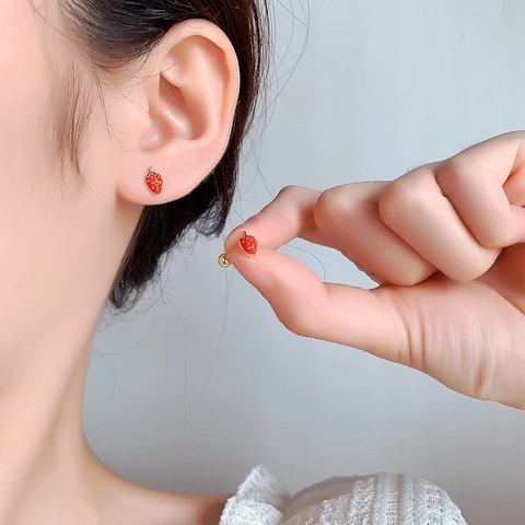 Strawberry Stud Earrings Enamel Fruit Cartilage Jewelry With 925 Sterling Silver Earring Post Screw Back Cute For Women
