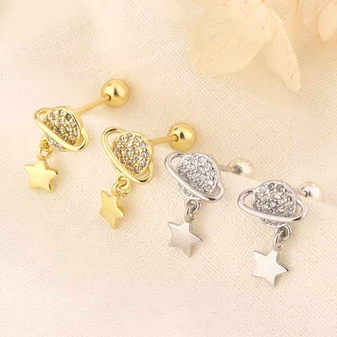 Saturnus Planeet Ster Hanger Oorbellen Koper Micro Pave Zirkoon Hemelse Oorkraakbeen Studs Met Bol Schroefsluiting