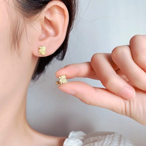 Fu Character Coin Chinese Style Stud Earrings Gold Silver Plated Copper Screw Ball Back Minimalist Jewelry For Women