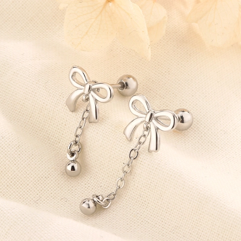 Bowknot Tassel Drop Earrings Long Chain Ball Pendant Screw Back Copper Jewelry Sweet Elegant For Women