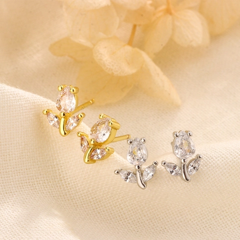 Boucles D'oreilles Puces Tulipe Avec Zircon Incrusté Bijoux En Cuivre Et Tige En Argent Pour Femme Style Élégant