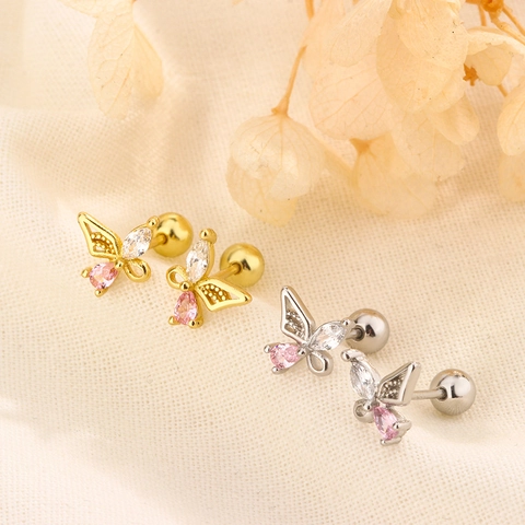 Copper Butterfly Stud Earrings With 925 Sterling Silver Earring Post Pink White Zircon Screw Back Jewelry For Women